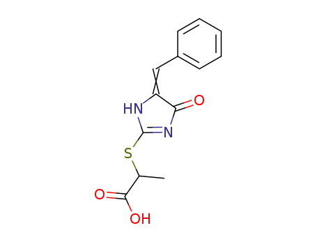 Molecular Structure of 89990-63-6 (Propanoic acid,
2-[[4,5-dihydro-4-oxo-5-(phenylmethylene)-1H-imidazol-2-yl]thio]-)