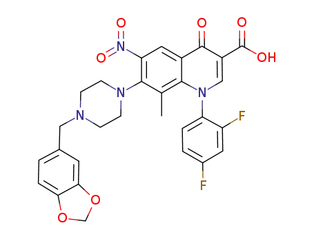 Molecular Structure of 1146300-53-9 (7-(4-((benzo[d][1,3]dioxol-5-yl)methyl)piperazin-1-yl)-1-(2,4-difluorophenyl)-1,4-dihydro-8-methyl-6-nitro-4-oxoquinoline-3-carboxylic acid)
