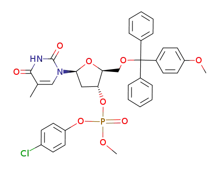Molecular Structure of 76512-74-8 (Phosphoric acid 4-chloro-phenyl ester (2S,3R,5S)-2-[(4-methoxy-phenyl)-diphenyl-methoxymethyl]-5-(5-methyl-2,4-dioxo-3,4-dihydro-2H-pyrimidin-1-yl)-tetrahydro-furan-3-yl ester methyl ester)