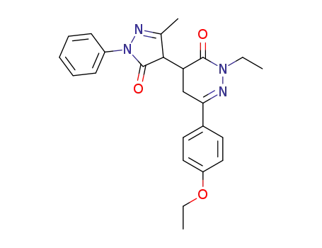 Molecular Structure of 135128-63-1 (6-(4-Ethoxy-phenyl)-2-ethyl-4-(3-methyl-5-oxo-1-phenyl-4,5-dihydro-1H-pyrazol-4-yl)-4,5-dihydro-2H-pyridazin-3-one)