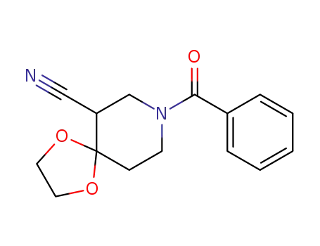 Molecular Structure of 71766-82-0 (8-benzoyl-1,4-dioxa-8-aza-spiro[4.5]decane-6-carbonitrile)