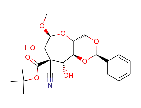 Molecular Structure of 131367-25-4 (methyl 5,7,O-benzylidene-3-tert-butoxycarbonyl-3-C-cyano-3-deoxy-D-glycero-α-D-ido-heptoseptanoside)