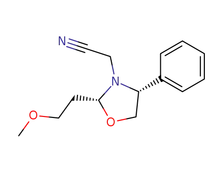 Molecular Structure of 132609-60-0 ((-)-(2R,4R)-2-(methoxyethyl)-N-cyanomethyl-4-phenyl-1,3-oxazolidine)