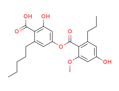 Molecular Structure of 132396-88-4 (Benzoic acid,
2-hydroxy-4-[(4-hydroxy-2-methoxy-6-propylbenzoyl)oxy]-6-pentyl-)