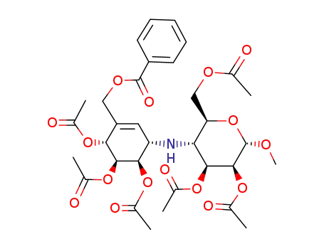 Methyl 2,3,6-tri-O-acetyl-4-deoxy-4-<(1S)-(1,4/5,6)-4,5,6-triacetoxy-3-(benzoyloxymethyl)-2-cyclohexen-1-ylamino>-α-D-mannopyranoside