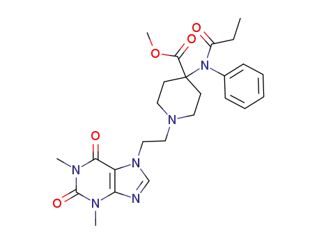 Molecular Structure of 131729-08-3 (1-[2-(1,3-Dimethyl-2,6-dioxo-1,2,3,6-tetrahydro-purin-7-yl)-ethyl]-4-(phenyl-propionyl-amino)-piperidine-4-carboxylic acid methyl ester)