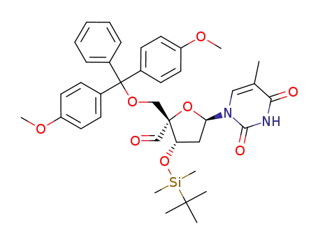 Molecular Structure of 172280-71-6 ((2R,3S,5R)-2-[Bis-(4-methoxy-phenyl)-phenyl-methoxymethyl]-3-(tert-butyl-dimethyl-silanyloxy)-5-(5-methyl-2,4-dioxo-3,4-dihydro-2H-pyrimidin-1-yl)-tetrahydro-furan-2-carbaldehyde)