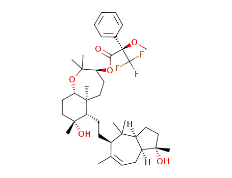 Molecular Structure of 133696-64-7 ((R)-3,3,3-Trifluoro-2-methoxy-2-phenyl-propionic acid (3S,5aS,6S,7R,9aS)-7-hydroxy-6-[2-((1S,3aS,5R,8aS)-1-hydroxy-1,4,4,6-tetramethyl-1,2,3,3a,4,5,8,8a-octahydro-azulen-5-yl)-ethyl]-2,2,5a,7-tetramethyl-decahydro-benzo[b]oxepin-3-yl ester)