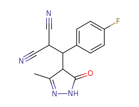 Molecular Structure of 89607-54-5 (Propanedinitrile,
[(4,5-dihydro-3-methyl-5-oxo-1H-pyrazol-4-yl)(4-fluorophenyl)methyl]-)