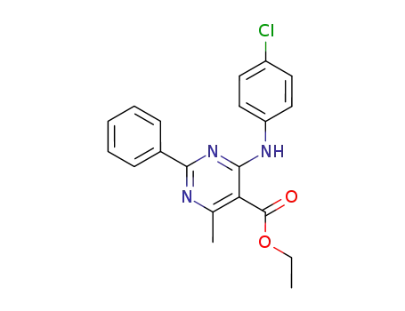 Molecular Structure of 94037-17-9 (5-Pyrimidinecarboxylic acid,
4-[(4-chlorophenyl)amino]-6-methyl-2-phenyl-, ethyl ester)