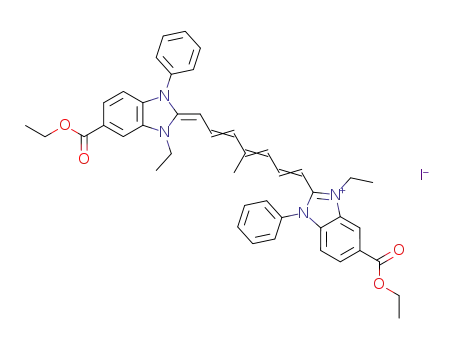 Molecular Structure of 74274-37-6 (6-Ethoxycarbonyl-2-{(1E,3E,5E)-7-[5-ethoxycarbonyl-3-ethyl-1-phenyl-1,3-dihydro-benzoimidazol-(2E)-ylidene]-4-methyl-hepta-1,3,5-trienyl}-1-ethyl-3-phenyl-3H-benzoimidazol-1-ium; iodide)