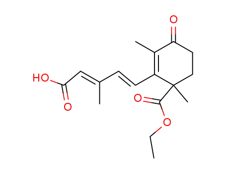 Molecular Structure of 95524-25-7 (2-Cyclohexene-1-carboxylic acid,
2-(4-carboxy-3-methyl-1,3-butadienyl)-1,3-dimethyl-4-oxo-, 1-ethyl
ester, (E,E)-)