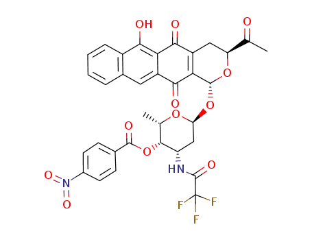 Molecular Structure of 151767-43-0 (4-Nitro-benzoic acid (2S,3S,4S,6S)-6-((1R,3S)-3-acetyl-6-hydroxy-5,12-dioxo-3,4,5,12-tetrahydro-1H-2-oxa-naphthacen-1-yloxy)-2-methyl-4-(2,2,2-trifluoro-acetylamino)-tetrahydro-pyran-3-yl ester)