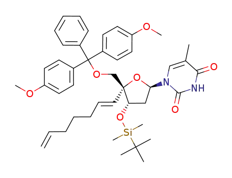 Molecular Structure of 172280-72-7 (1-[(2R,4S,5R)-5-[Bis-(4-methoxy-phenyl)-phenyl-methoxymethyl]-4-(tert-butyl-dimethyl-silanyloxy)-5-((E)-hepta-1,6-dienyl)-tetrahydro-furan-2-yl]-5-methyl-1H-pyrimidine-2,4-dione)