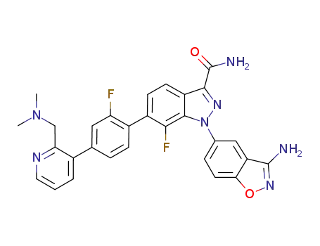 Molecular Structure of 885591-80-0 (1H-Indazole-3-carboxamide, 1-(3-amino-1,2-benzisoxazol-5-yl)-6-[4-[2-[(dimethylamino)methyl]-3-pyridinyl]-2-fluorophenyl]-7-fluoro-)