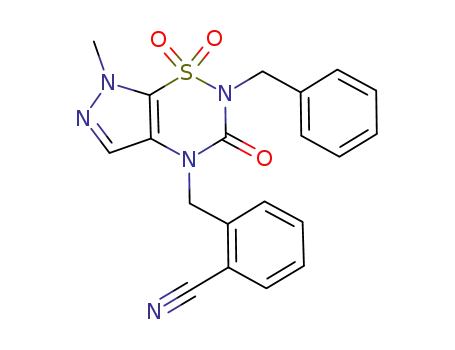 Molecular Structure of 911307-32-9 (2-benzyl-4-(o-cyanobenzyl)-7-methyl-1,1,3-trioxo-2,4-dihydro-pyrazolo[4,5-e][1,2,4]thiadiazine)