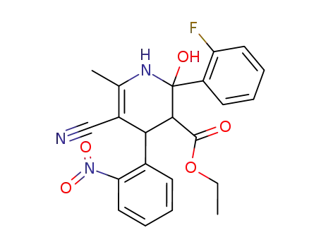 Molecular Structure of 127844-42-2 (ethyl 5-cyano-2-(2-fluorophenyl)-2-hydroxy-6-methyl-4-(2-nitrophenyl)-1,2,3,4-tetrahydropyridine-3-carboxylate)