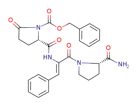 Molecular Structure of 77400-63-6 ((S)-2-[(Z)-1-((S)-2-Carbamoyl-pyrrolidine-1-carbonyl)-2-phenyl-vinylcarbamoyl]-5-oxo-pyrrolidine-1-carboxylic acid benzyl ester)