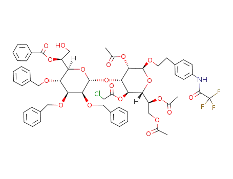 Molecular Structure of 142270-31-3 (2-(4-trifluoroacetamidophenyl)ethyl O-<6-O-benzoyl-2,3,4-tri-O-benzyl-L-glycero-α-D-manno-heptopyranosyl>-(1-3)-2,6,7-tri-O-acetyl-4-O-chloroacetyl-L-glycero-α-D-manno-heptopyranoside)