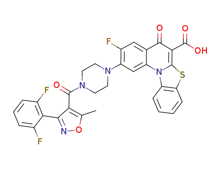 Molecular Structure of 1028202-96-1 (5H-Benzothiazolo[3,2-a]quinoline-6-carboxylic acid, 2-[4-[[3-(2,6-difluorophenyl)-5-methyl-4-isoxazolyl]carbonyl]-1-piperazinyl]-3-fluoro-5-oxo-)