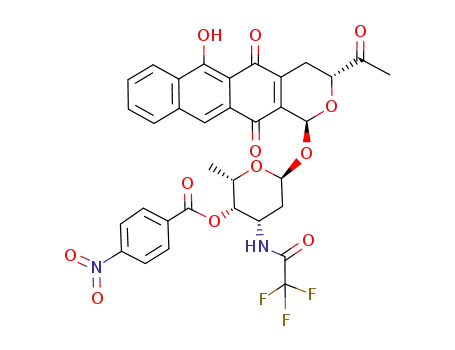 Molecular Structure of 151734-63-3 (4-Nitro-benzoic acid (2S,3S,4S,6S)-6-((1S,3R)-3-acetyl-6-hydroxy-5,12-dioxo-3,4,5,12-tetrahydro-1H-2-oxa-naphthacen-1-yloxy)-2-methyl-4-(2,2,2-trifluoro-acetylamino)-tetrahydro-pyran-3-yl ester)