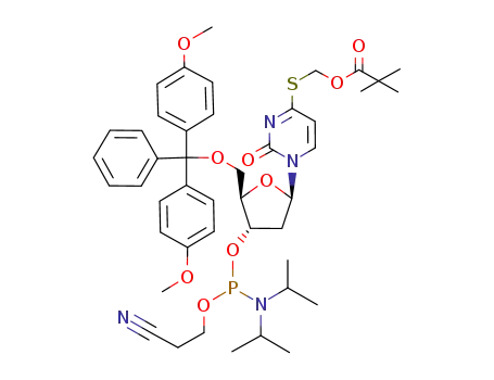 Molecular Structure of 139764-45-7 (Uridine,
5'-O-[bis(4-methoxyphenyl)phenylmethyl]-2'-deoxy-6-S-[(2,2-dimethyl-1-
oxopropoxy)methyl]-6-thio-, 3'-[2-cyanoethyl
bis(1-methylethyl)phosphoramidite])