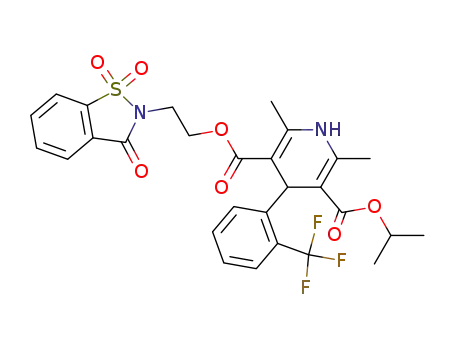 Molecular Structure of 136941-59-8 (3,5-Pyridinedicarboxylic acid,
1,4-dihydro-2,6-dimethyl-4-[2-(trifluoromethyl)phenyl]-,
2-(1,1-dioxido-3-oxo-1,2-benzisothiazol-2(3H)-yl)ethyl 1-methylethyl
ester)