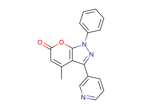 Molecular Structure of 114043-04-8 (Pyrano[2,3-c]pyrazol-6(1H)-one, 4-methyl-1-phenyl-3-(3-pyridinyl)-)