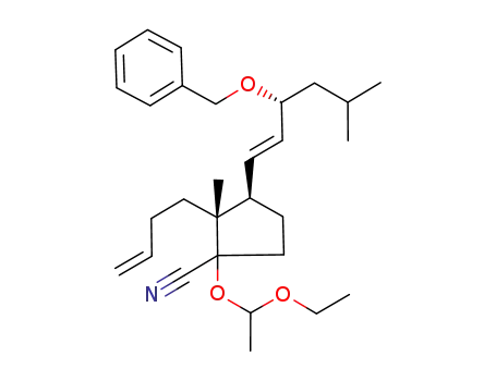 Molecular Structure of 89471-91-0 (Cyclopentanecarbonitrile,
2-(3-butenyl)-1-(1-ethoxyethoxy)-2-methyl-3-[5-methyl-3-(phenylmethoxy
)-1-hexenyl]-)