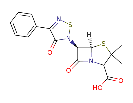 Molecular Structure of 145236-53-9 ((5R,6R)-3,3-Dimethyl-7-oxo-6-(3-oxo-4-phenyl-3H-[1,2,5]thiadiazol-2-yl)-4-thia-1-aza-bicyclo[3.2.0]heptane-2-carboxylic acid)