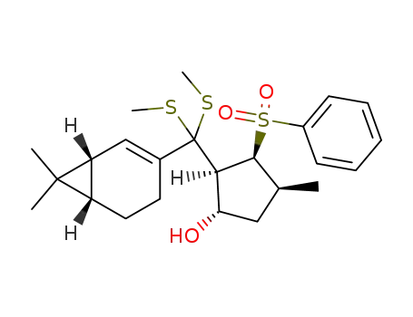 Molecular Structure of 115047-54-6 (<(1'S,2'R,3'S,4'S)-1'-hydroxy-3'-(phenylsulfonyl)-4'-methylcyclopent-2'-yl><(1R,6S)-7,7-dimethylbicyclo<4.1.0>hept-2-en-3-yl>bis(methylthio)methane)