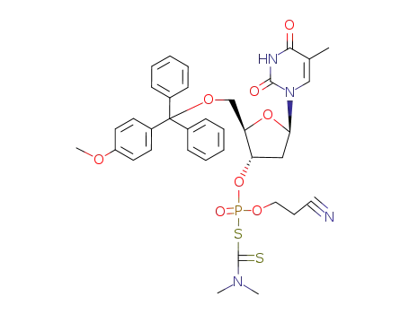 Molecular Structure of 78512-47-7 (5'-O-(Methoxytrityl)thymidine 3'-<2-cyanoethyl S-(dimethylthiocarbamoyl)thiophosphate>)