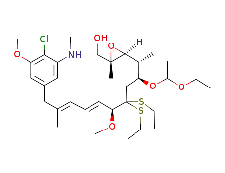 Molecular Structure of 72729-16-9 ({(2S,3S)-3-[(6E,8E)-(1R,2S,5S)-10-(4-Chloro-3-methoxy-5-methylamino-phenyl)-2-(1-ethoxy-ethoxy)-4,4-bis-ethylsulfanyl-5-methoxy-1,9-dimethyl-deca-6,8-dienyl]-2-methyl-oxiranyl}-methanol)