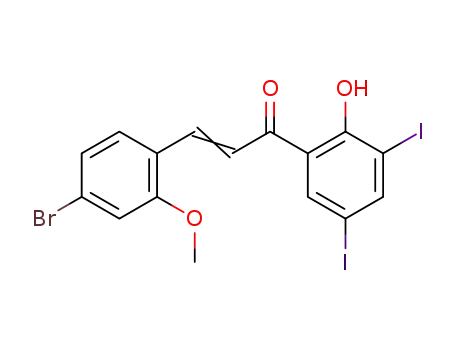 Molecular Structure of 141213-83-4 (2-Propen-1-one,
3-(4-bromo-2-methoxyphenyl)-1-(2-hydroxy-3,5-diiodophenyl)-, (E)-)