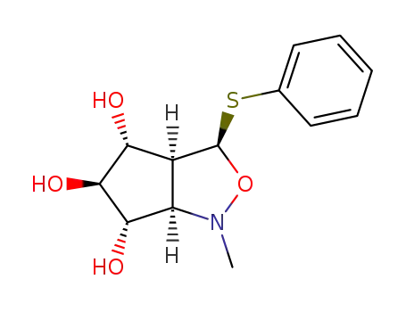 Molecular Structure of 88111-90-4 (1H-Cyclopentcisoxazole-4,5,6-triol, hexahydro-1-methyl-3-(phenylthio)-, 3R-(3.alpha.,3a.beta.,4.beta.,5.alpha.,6.beta.,6a.beta.)-)