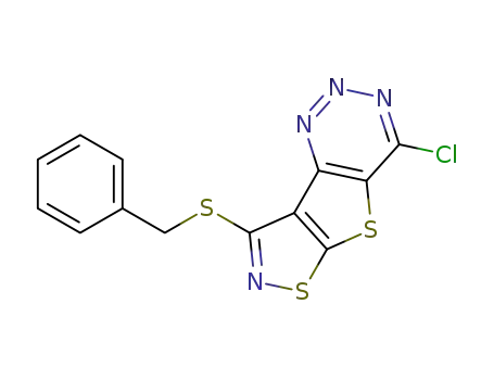 Molecular Structure of 135489-09-7 (Isothiazolo[4',5':4,5]thieno[3,2-d]-1,2,3-triazine,4-chloro-8-[(phenylmethyl)thio]-)