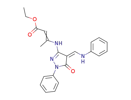 Molecular Structure of 107183-70-0 (3-<<1,5-dihydro-5-oxo-4-<(phenylamino)methylene>-1-phenyl-4H-pyrazole-3-yl>amino>-2-butenoate d'ethyle)