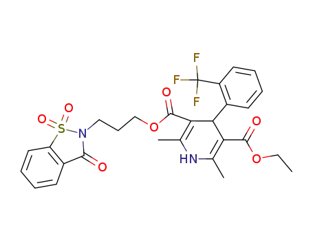 Molecular Structure of 136941-84-9 (3,5-Pyridinedicarboxylic acid,
1,4-dihydro-2,6-dimethyl-4-[2-(trifluoromethyl)phenyl]-,
3-(1,1-dioxido-3-oxo-1,2-benzisothiazol-2(3H)-yl)propyl ethyl ester)