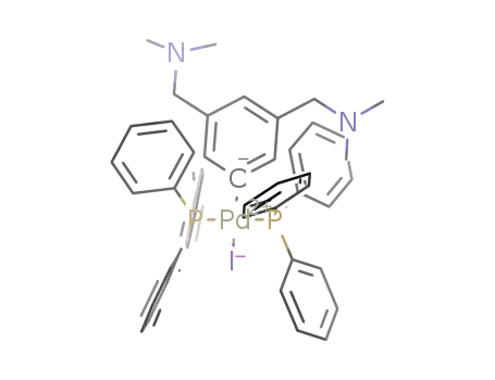 Molecular Structure of 267231-63-0 (trans-(3,5-bis[(dimethylamino)methyl]phenyl)bis(triphenylphosphine)palladium(II) iodide)