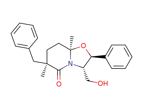 Molecular Structure of 112573-71-4 ((2S,3S,6R,8aR)-6-Benzyl-3-hydroxymethyl-6,8a-dimethyl-2-phenyl-hexahydro-oxazolo[3,2-a]pyridin-5-one)