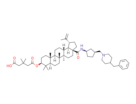 Molecular Structure of 1261253-56-8 (5-((1R,3aS,5aR,5bR,7aR,9S,11aR,11bR,13aR,13bR)-3a-((1R,3S)-3-((4-benzylpiperidin-1-yl)methyl)cyclopentylcarbamoyl)-5a,5b,8,8,11a-pentamethyl-1-(prop-1-en-2-yl)icosahydro-1H-cyclopenta[a]chrysen-9-yloxy)-3,3-dimethyl-5-oxopentanoic acid)
