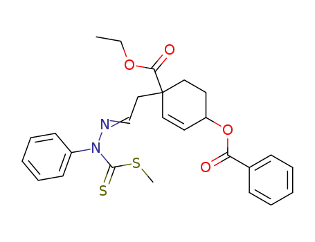 Molecular Structure of 850093-82-2 (2-Cyclohexene-1-carboxylic acid,
4-(benzoyloxy)-1-[2-[[(methylthio)thioxomethyl]phenylhydrazono]ethyl]-,
ethyl ester)