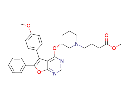 Molecular Structure of 943345-41-3 (4-(3-{[5-(4-methoxyphenyl)-6-phenylfuro[2,3-d]pyrimidin-4-yl]oxy}piperidin-1-yl)butanoic acid methyl ester)