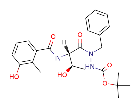 Molecular Structure of 1025932-55-1 (<i>N</i>'-benzyl-<i>N</i>'-[3-hydroxy-2-(3-hydroxy-2-methyl-benzoylamino)-butyryl]-hydrazinecarboxylic acid <i>tert</i>-butyl ester)