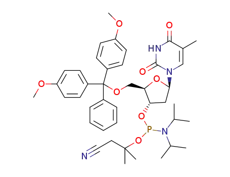 Molecular Structure of 111570-97-9 (1,1-dimethyl-2-cyanoethyl 5'-O-(4,4'-dimethoxytrityl)thymidin-3'-yl N,N-diisopropylphosphoramidite)