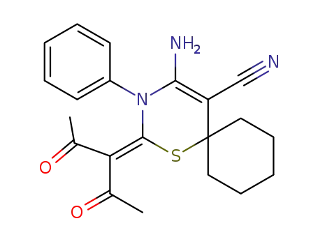 Molecular Structure of 825645-83-8 (1-Thia-3-azaspiro[5.5]undec-4-ene-5-carbonitrile,
2-(1-acetyl-2-oxopropylidene)-4-amino-3-phenyl-)