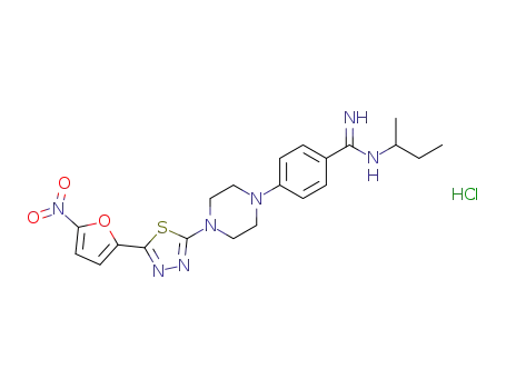 Molecular Structure of 1310494-06-4 (N-(2-butyl)-4-(4-(5-(5-nitrofuran-2-yl)-1,3,4-thiadiazol-2-yl)piperazin-1-yl)benzamidine hydrochloride)