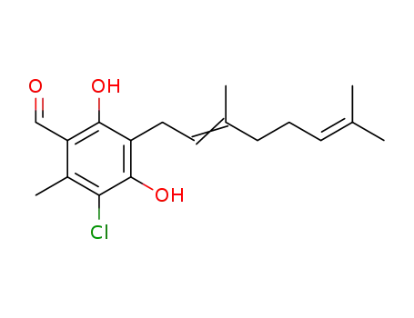 Molecular Structure of 160175-80-4 (Benzaldehyde,
3-chloro-5-(3,7-dimethyl-2,6-octadienyl)-4,6-dihydroxy-2-methyl-)