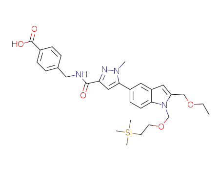 Molecular Structure of 1349698-77-6 (4-[({5-[2-ethoxymethyl-1-(2-(trimethylsilanyl)ethoxymethyl)-1H-indol-5-yl]-1-methyl-1H-pyrazole-3-carbonyl}amino)methyl]benzoic acid)