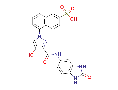 Molecular Structure of 776325-78-1 (4-hydroxy-1-(6'-sulphonaphtyl)-3-[N-(2'-oxobenzimidazol-5'-yl)carboxamide]pyrazole)